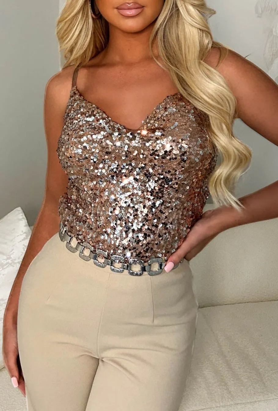 Sparkle Chic Rose Gold Sequin Cowl Neck Cami Top