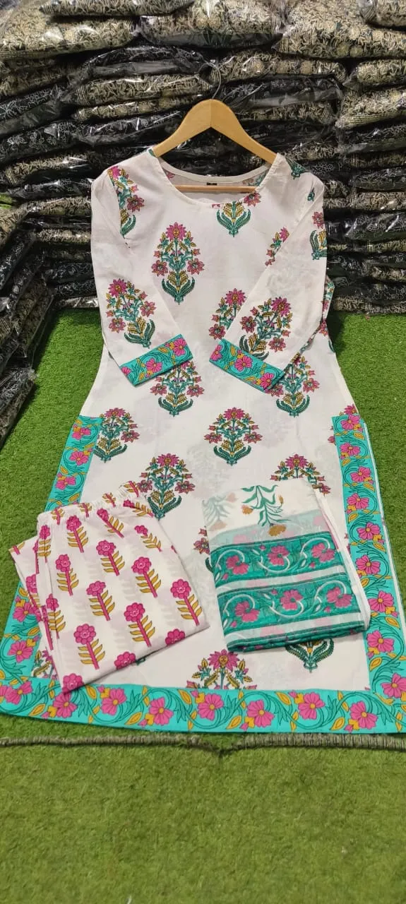 Stylish Hand Block Print Cotton Slit Kurta Palazzo Set with Dupatta