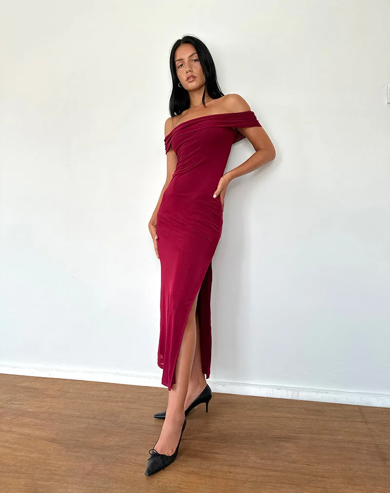 Tarna Bardot Maxi Dress in Mesh Burgundy