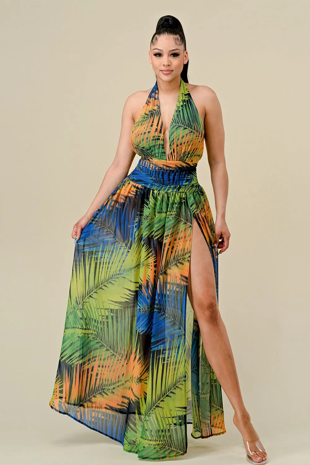 Tropical Print Halter Maxi Dress