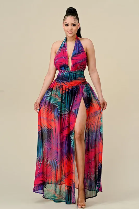 Tropical Print Halter Maxi Dress