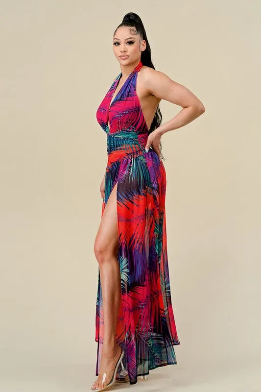 Tropical Print Halter Maxi Dress