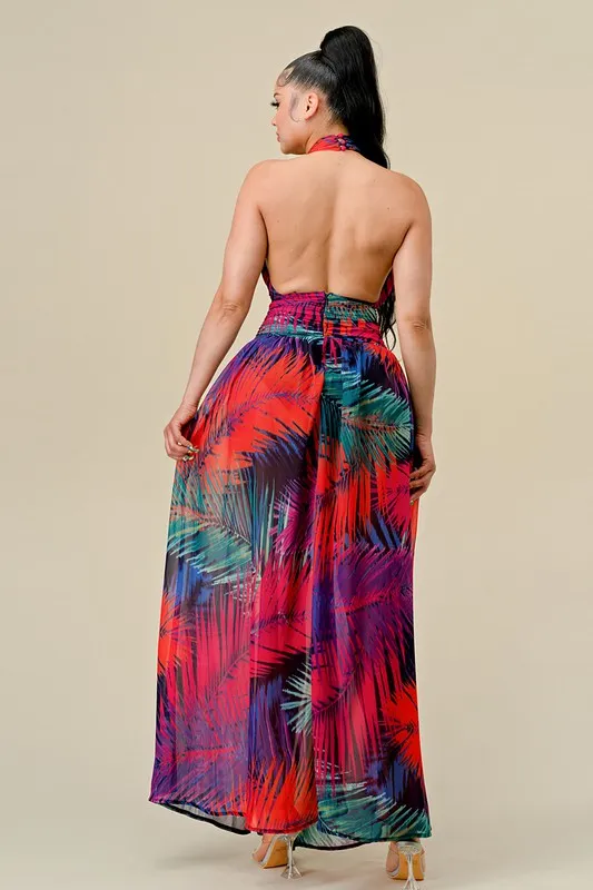 Tropical Print Halter Maxi Dress