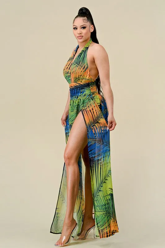 Tropical Print Halter Maxi Dress