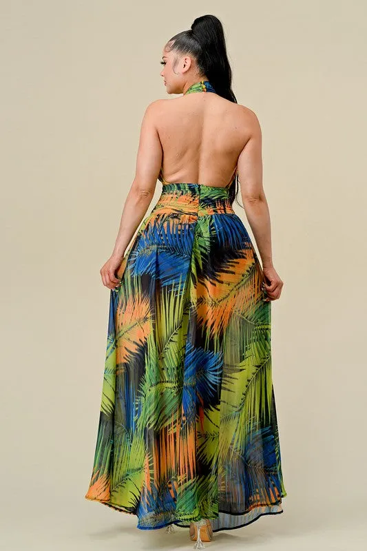 Tropical Print Halter Maxi Dress