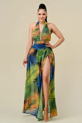 Tropical Print Halter Maxi Dress