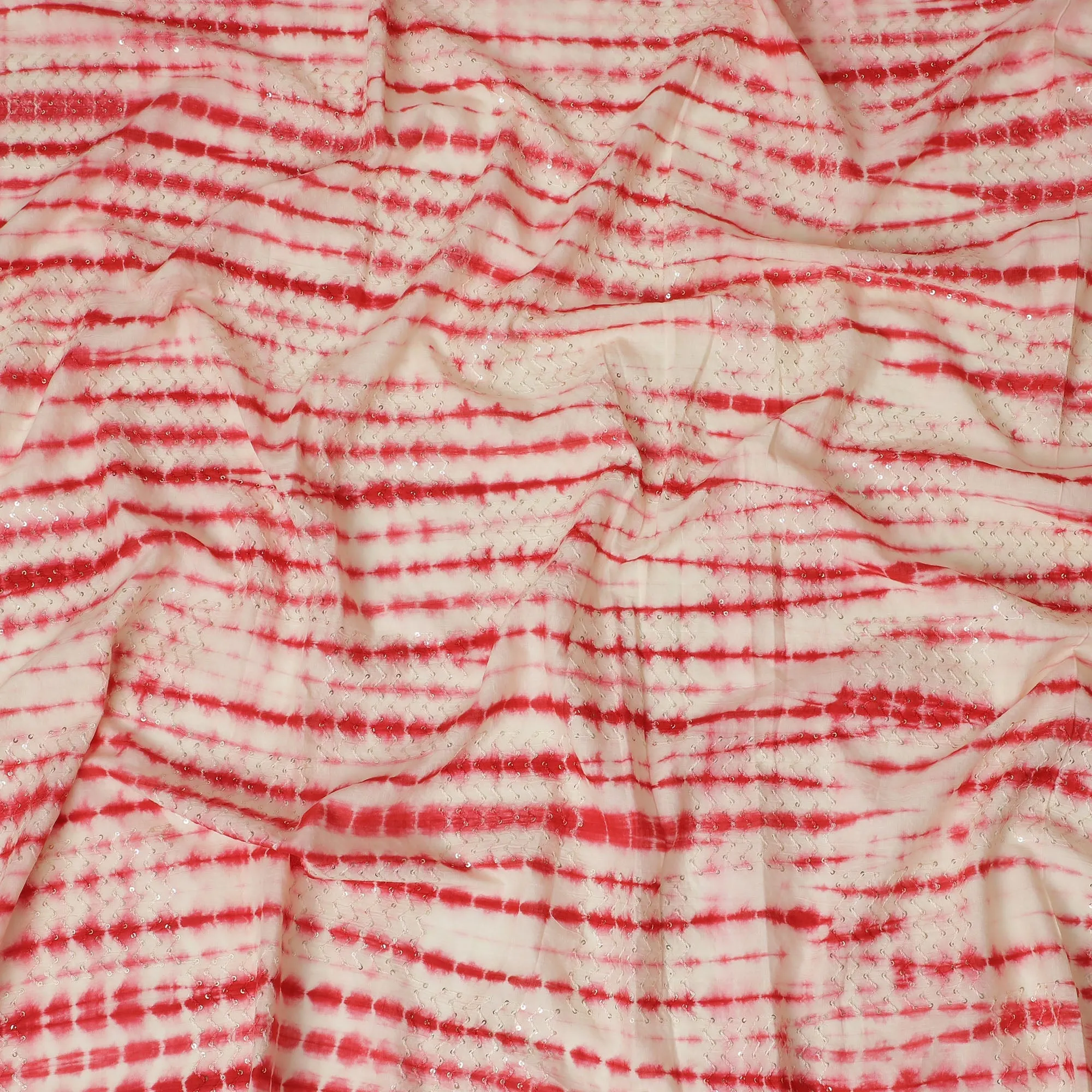 Vibrant Red and White Tie-Dye Cotton Lawn Fabric with Sequin Accents, 110 cm Width-D19658