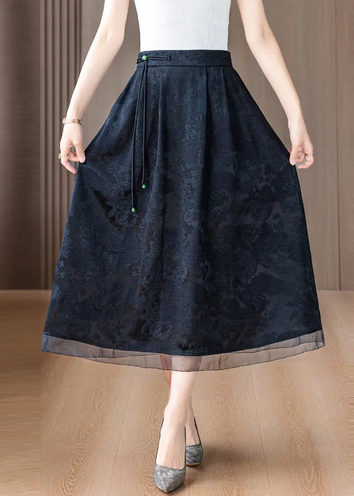 Vintage Black Tasseled Print Silk Skirts Summer OO042