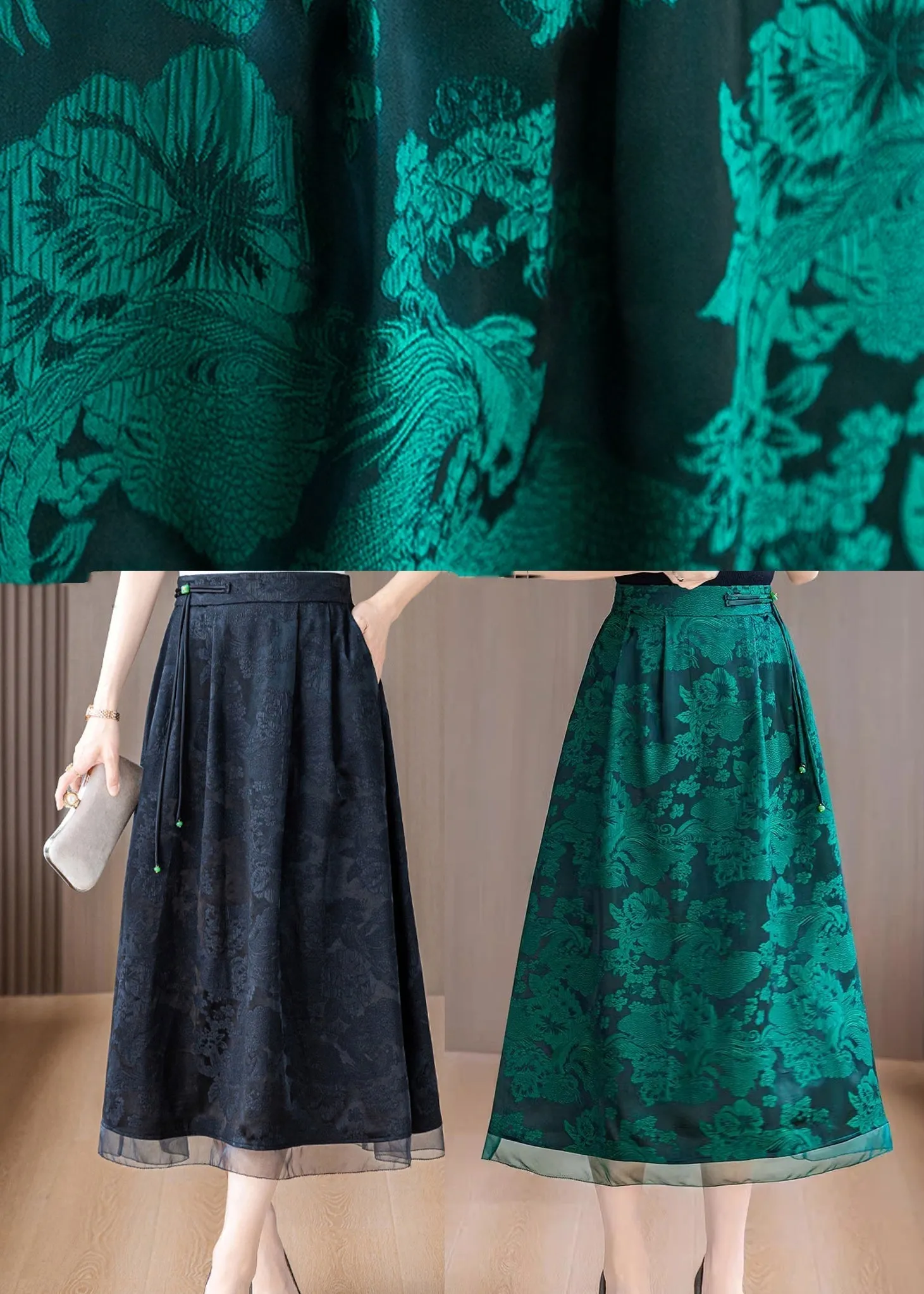 Vintage Black Tasseled Print Silk Skirts Summer OO042