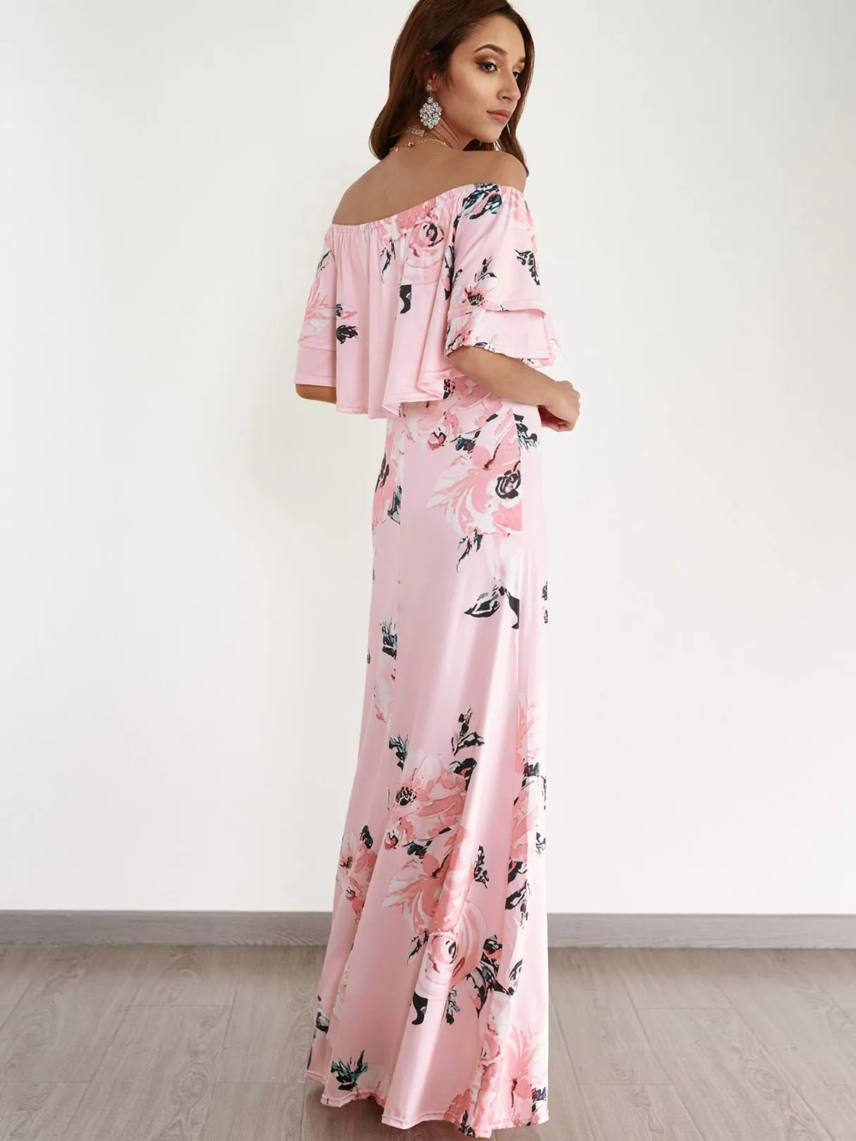 Wholesale Pink Off The Shoulder Short Sleeve Floral Print Tiered Maxi Dresses