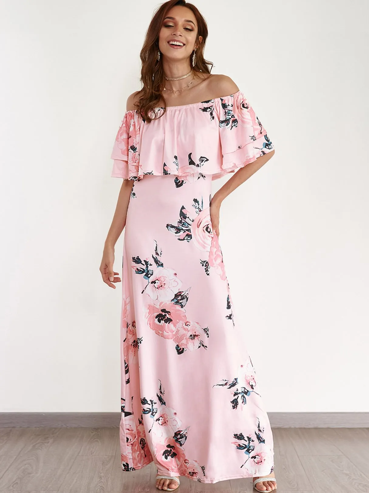 Wholesale Pink Off The Shoulder Short Sleeve Floral Print Tiered Maxi Dresses