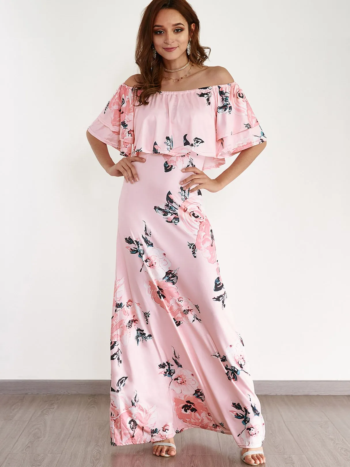 Wholesale Pink Off The Shoulder Short Sleeve Floral Print Tiered Maxi Dresses