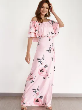 Wholesale Pink Off The Shoulder Short Sleeve Floral Print Tiered Maxi Dresses