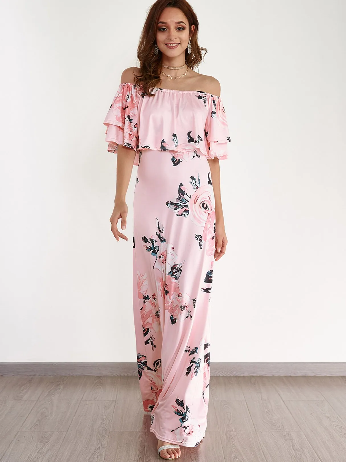 Wholesale Pink Off The Shoulder Short Sleeve Floral Print Tiered Maxi Dresses