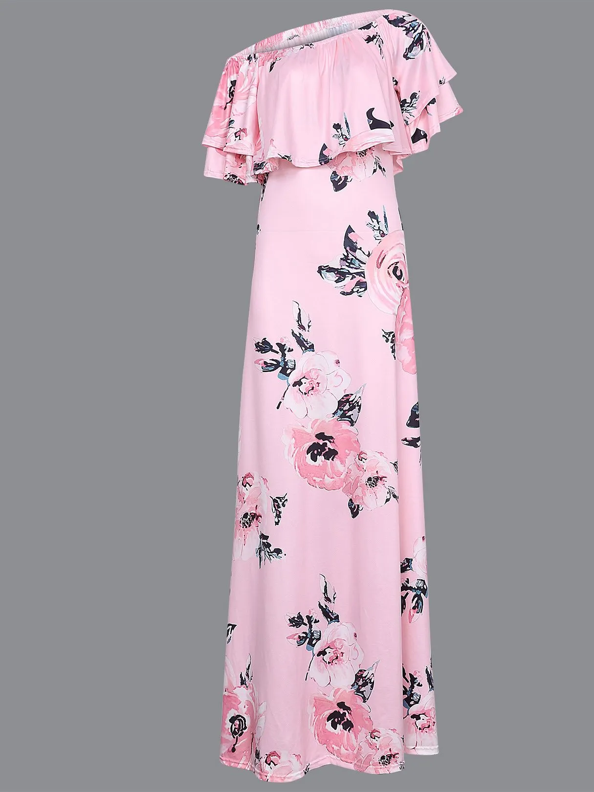 Wholesale Pink Off The Shoulder Short Sleeve Floral Print Tiered Maxi Dresses