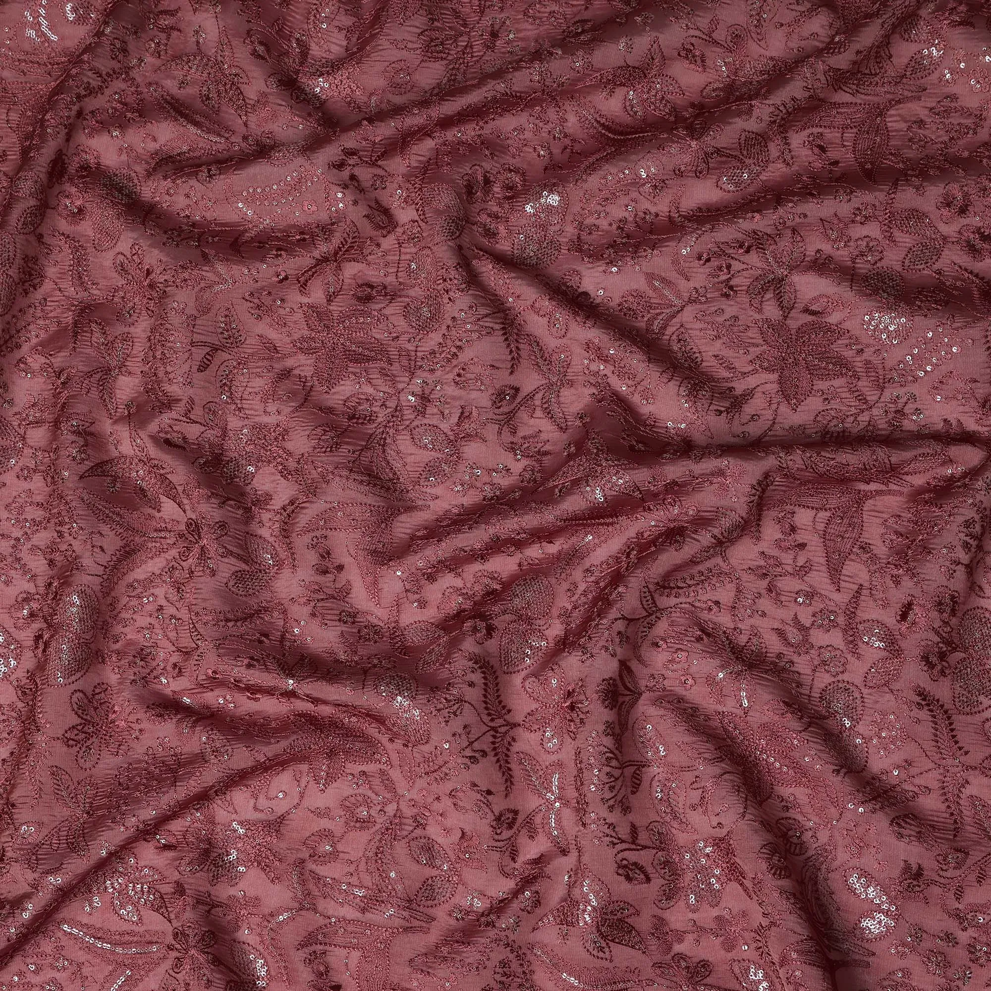 Wine Tussar Silk Fabric with Floral Embroidery & Sequins, 110 cm Width-D20948