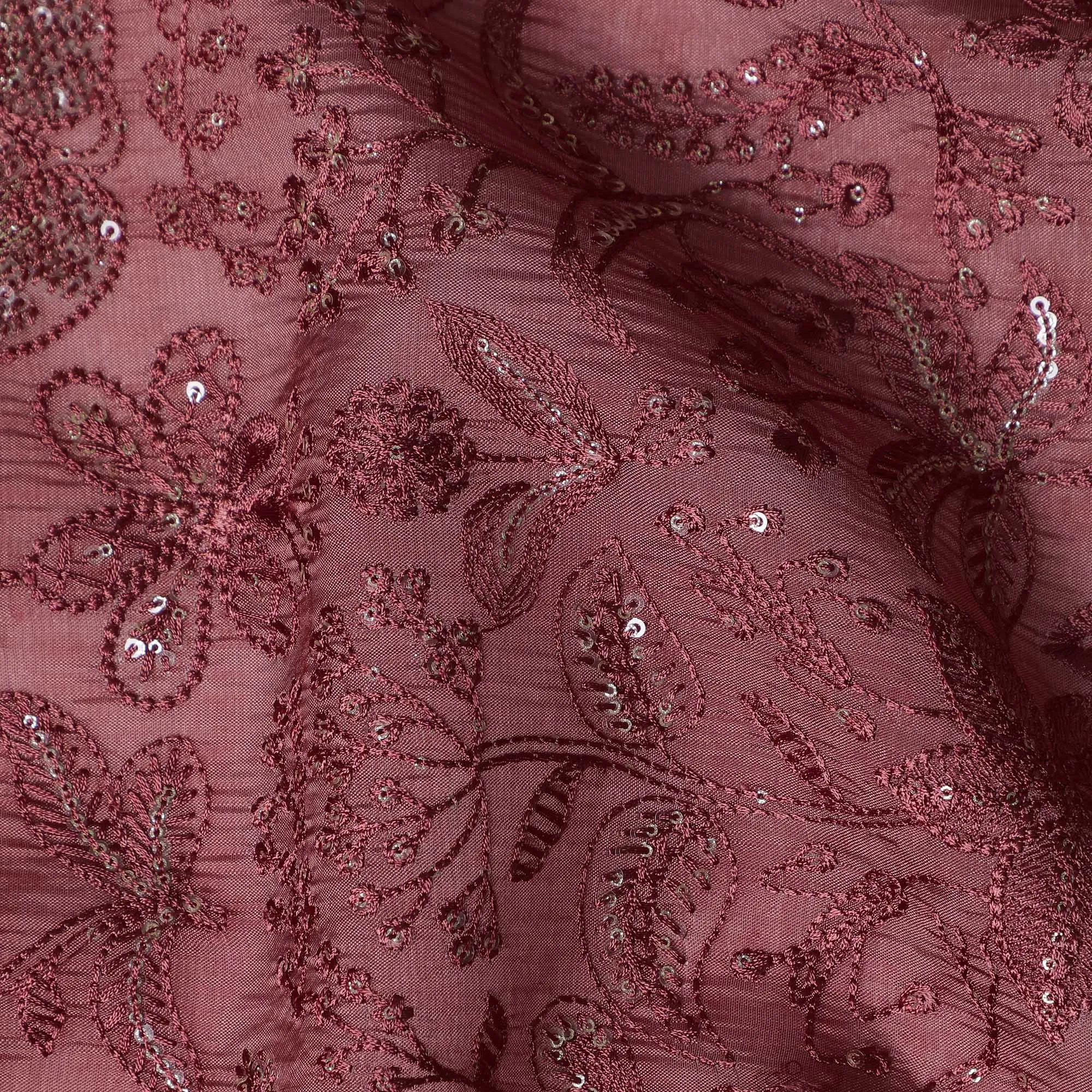 Wine Tussar Silk Fabric with Floral Embroidery & Sequins, 110 cm Width-D20948