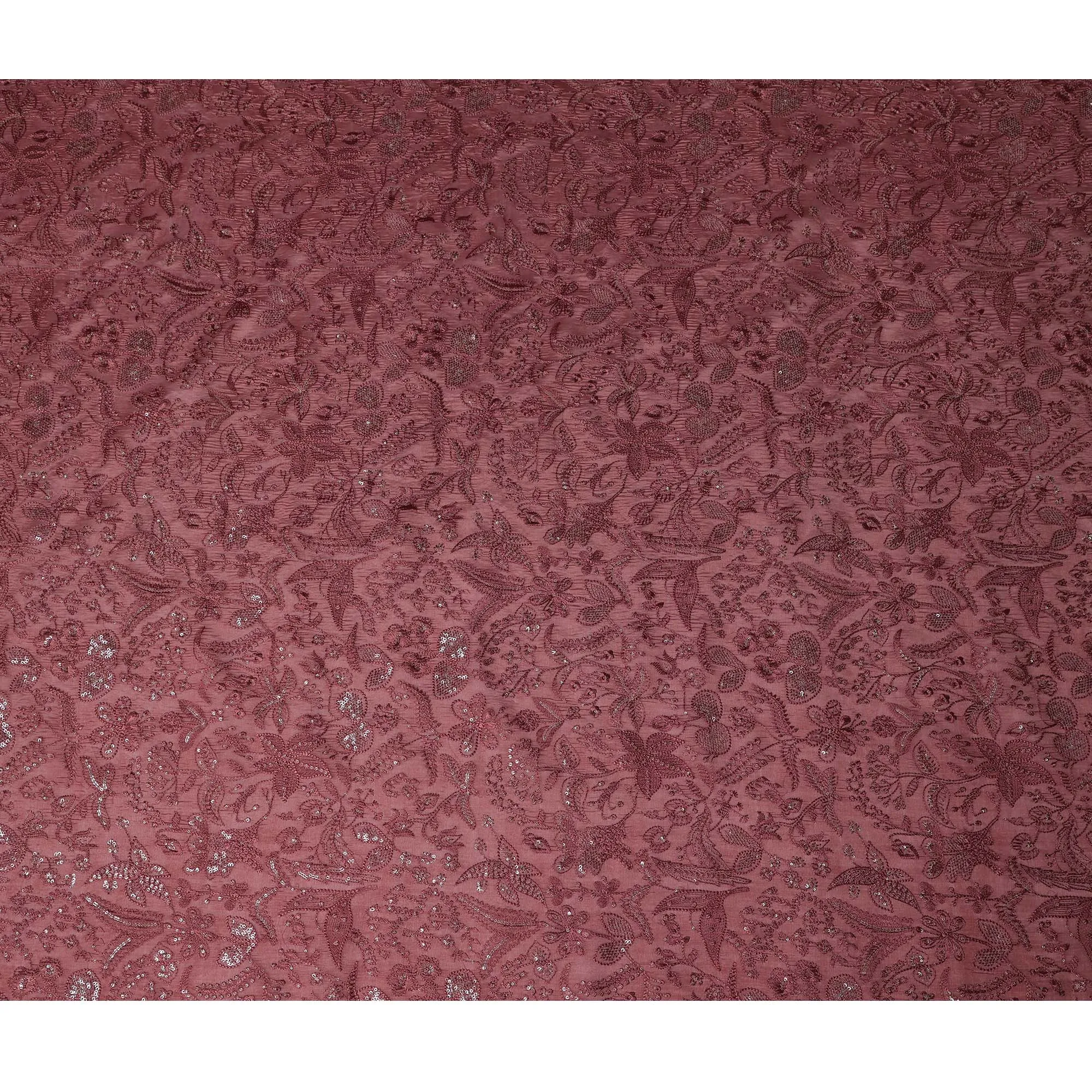 Wine Tussar Silk Fabric with Floral Embroidery & Sequins, 110 cm Width-D20948