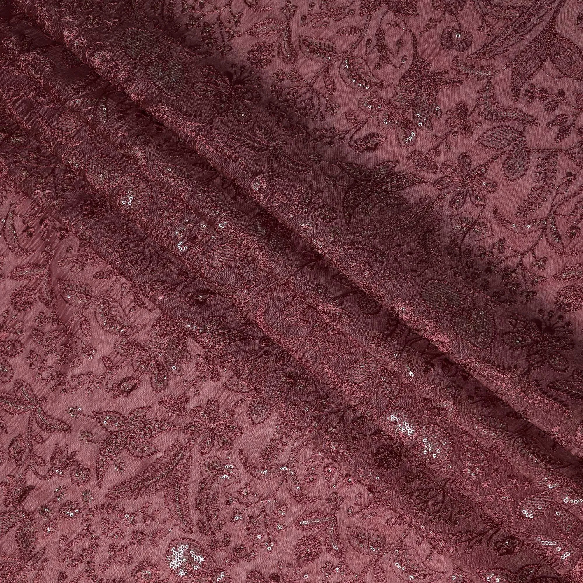 Wine Tussar Silk Fabric with Floral Embroidery & Sequins, 110 cm Width-D20948