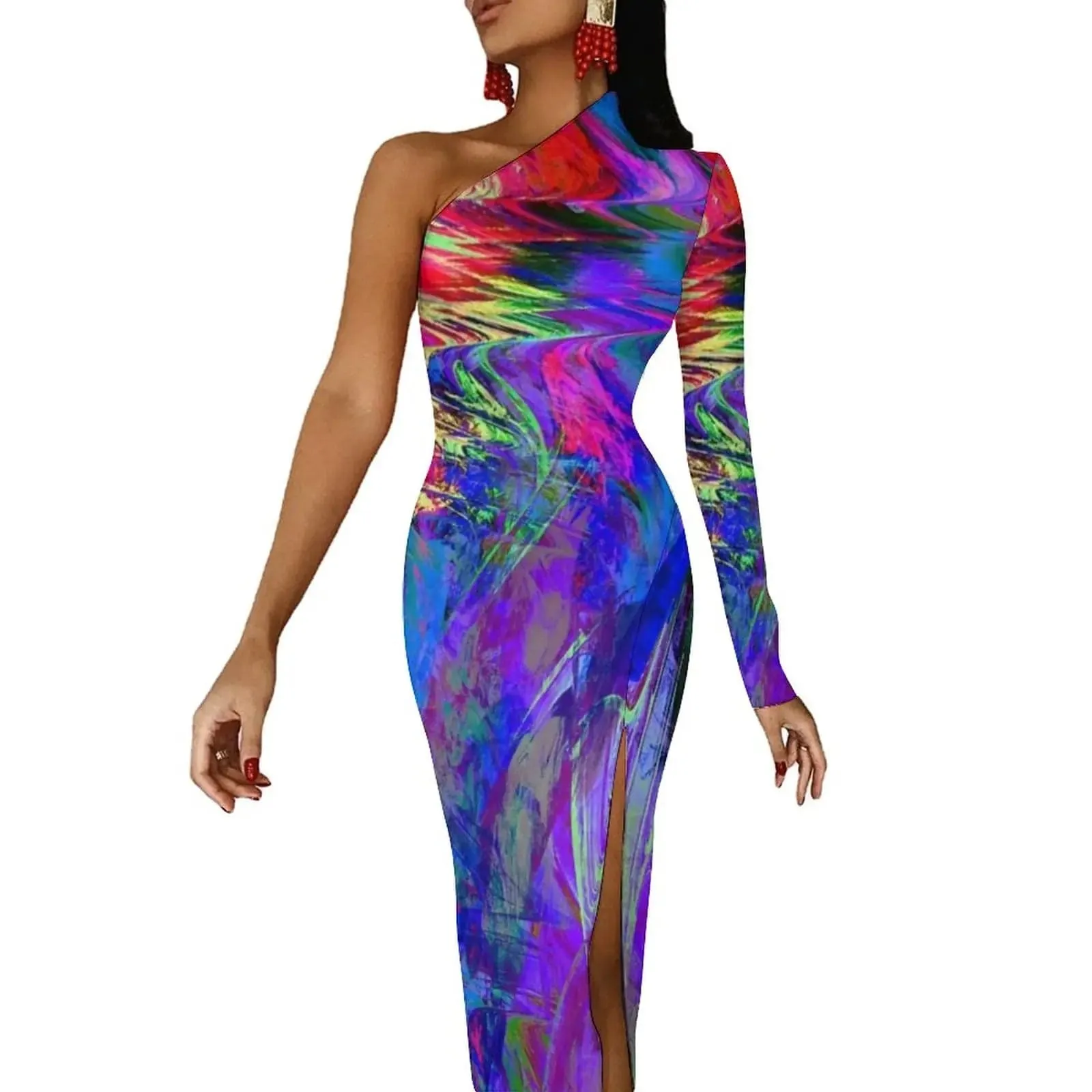 Women Graffiti Splatter Print Party Summer Long Sleeve Sexy Bodycon Dresses