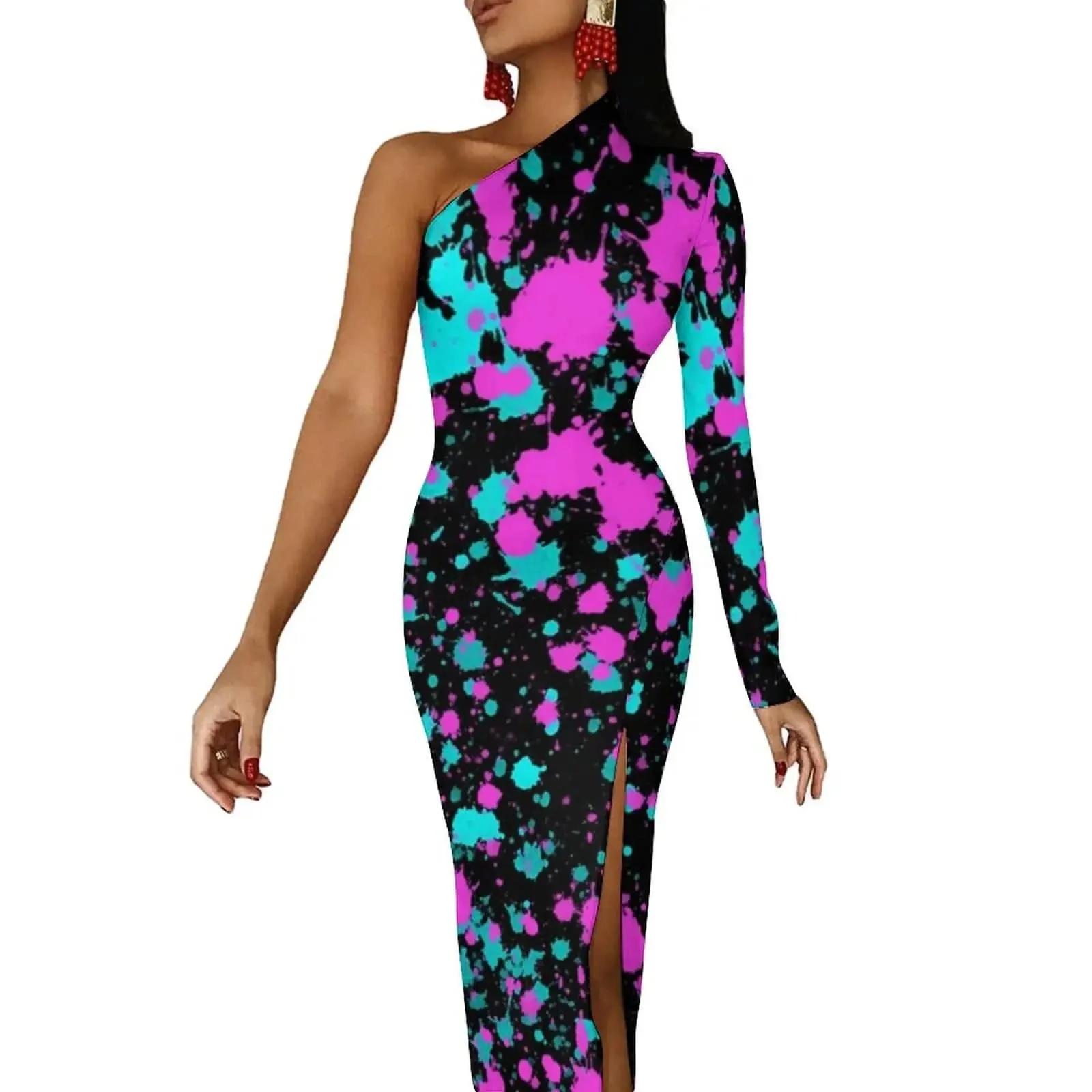 Women Graffiti Splatter Print Party Summer Long Sleeve Sexy Bodycon Dresses