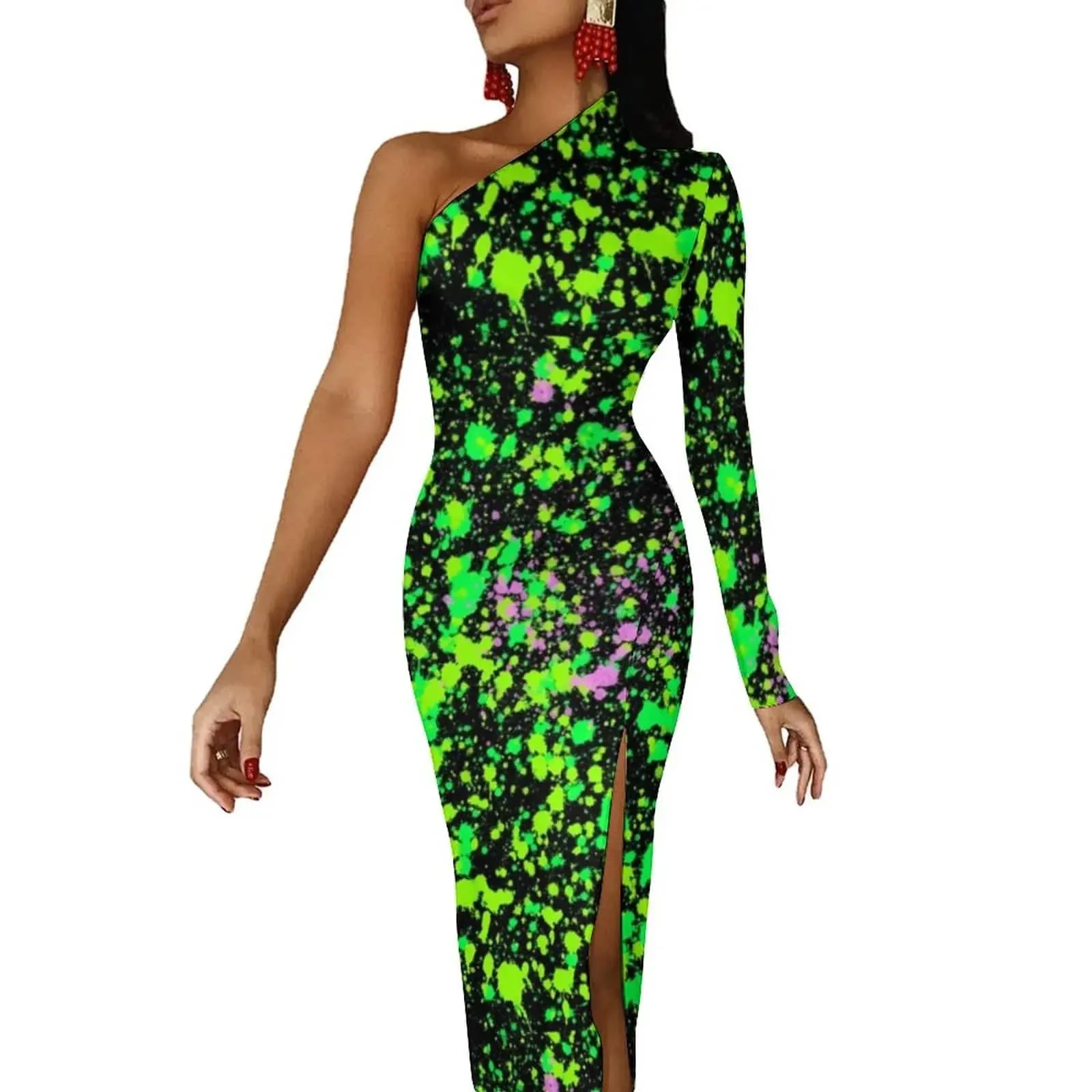 Women Graffiti Splatter Print Party Summer Long Sleeve Sexy Bodycon Dresses