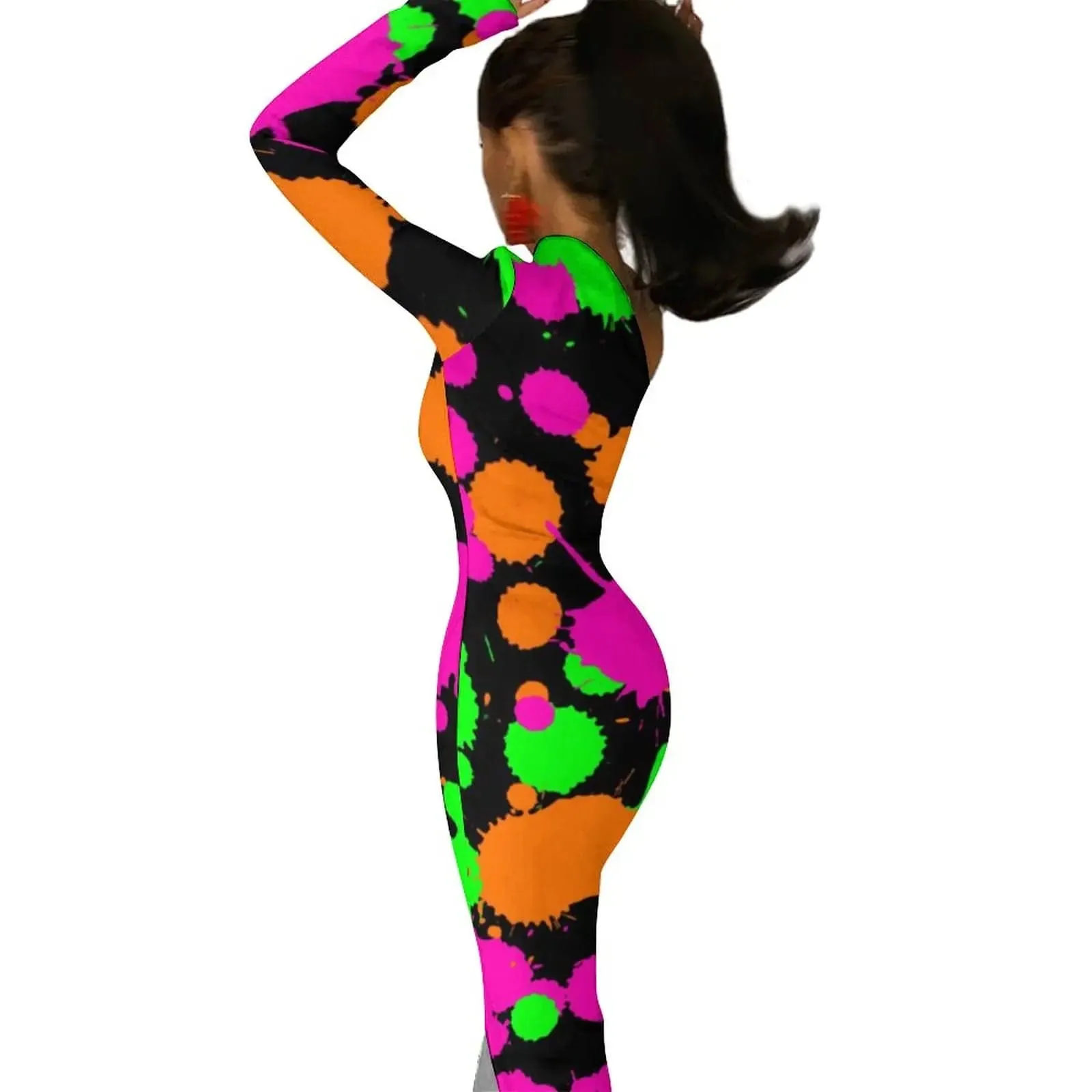 Women Graffiti Splatter Print Party Summer Long Sleeve Sexy Bodycon Dresses