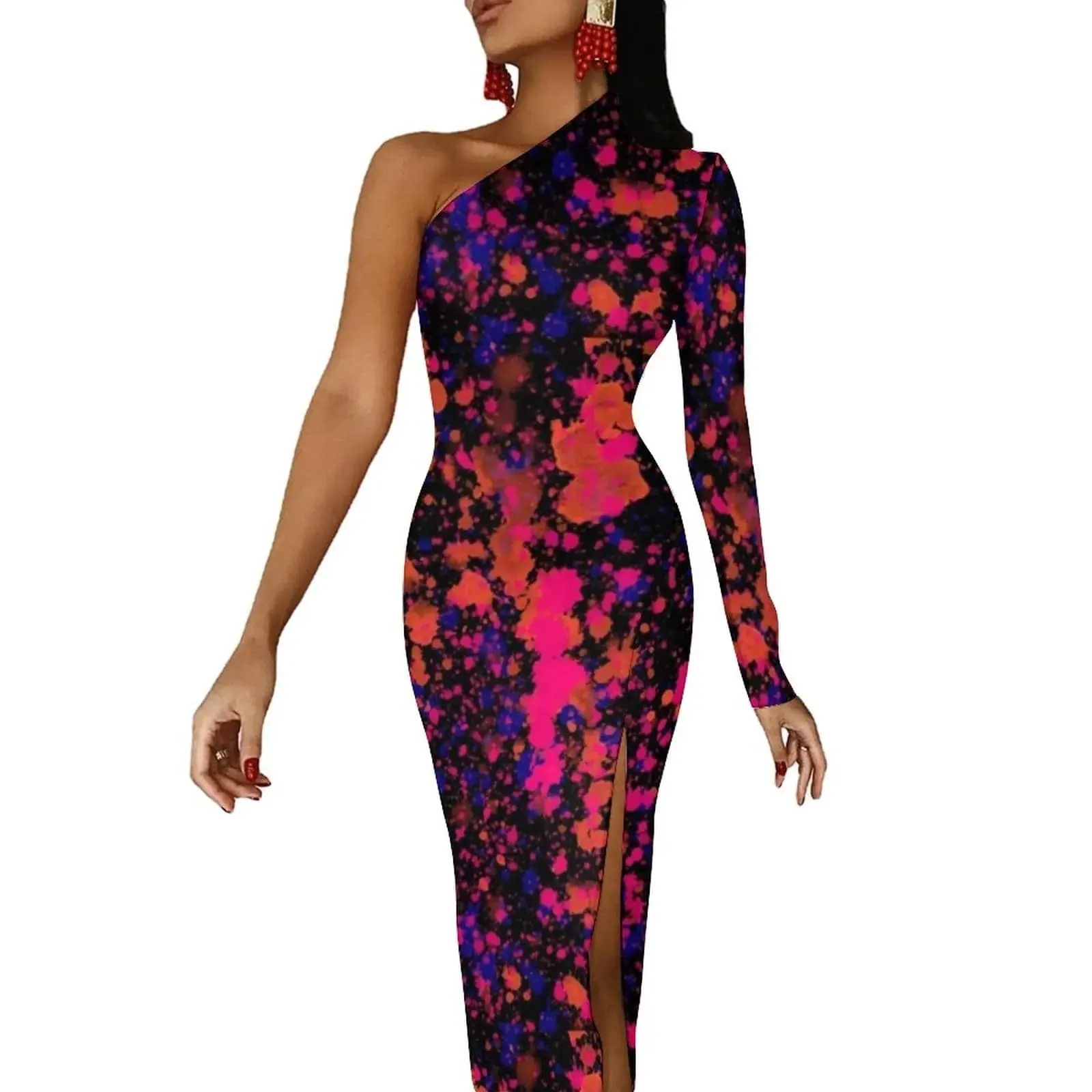 Women Graffiti Splatter Print Party Summer Long Sleeve Sexy Bodycon Dresses