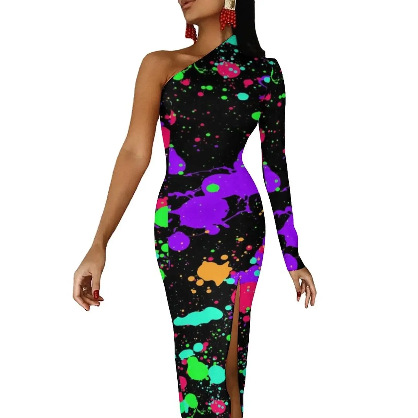 Women Graffiti Splatter Print Party Summer Long Sleeve Sexy Bodycon Dresses