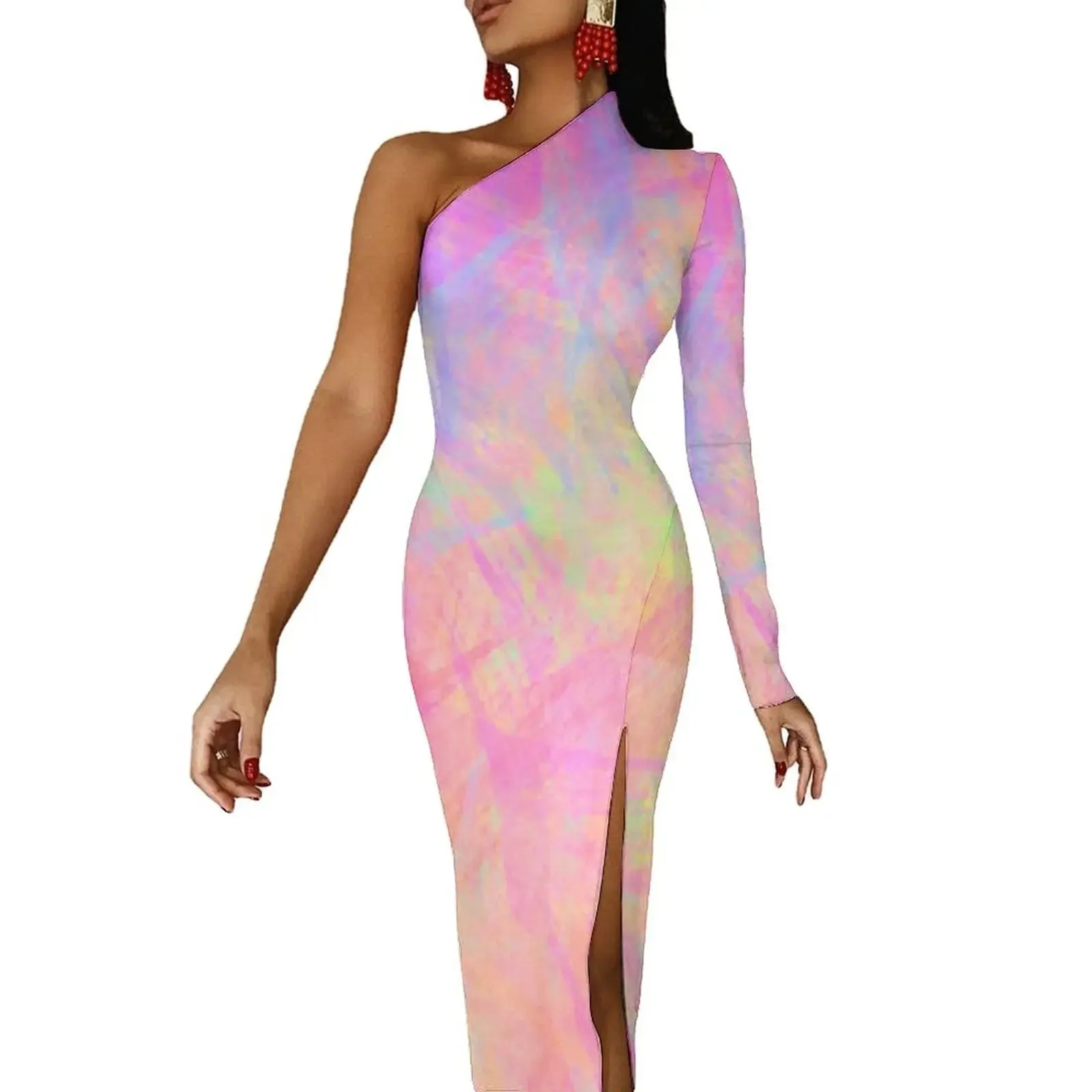 Women Graffiti Splatter Print Party Summer Long Sleeve Sexy Bodycon Dresses