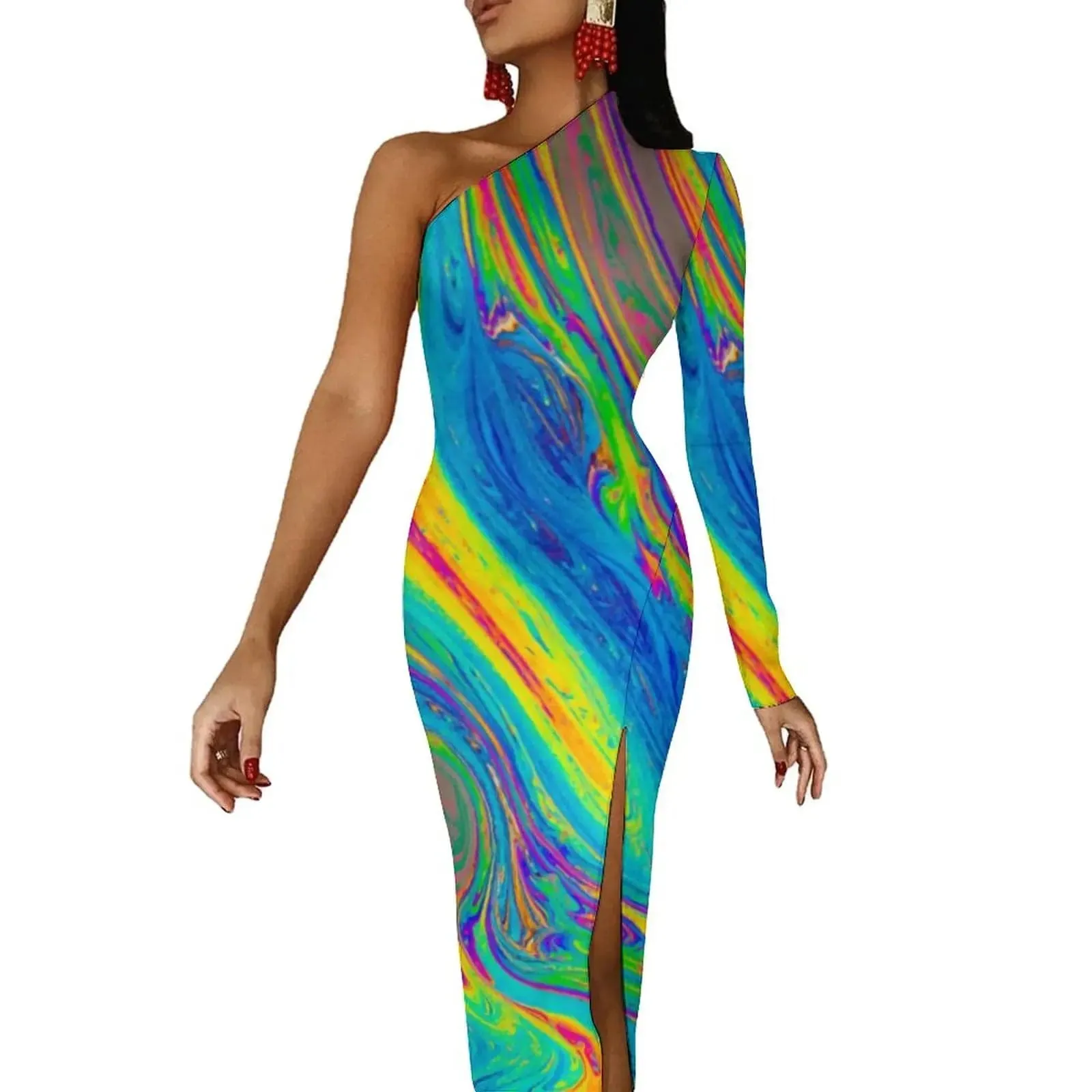 Women Graffiti Splatter Print Party Summer Long Sleeve Sexy Bodycon Dresses