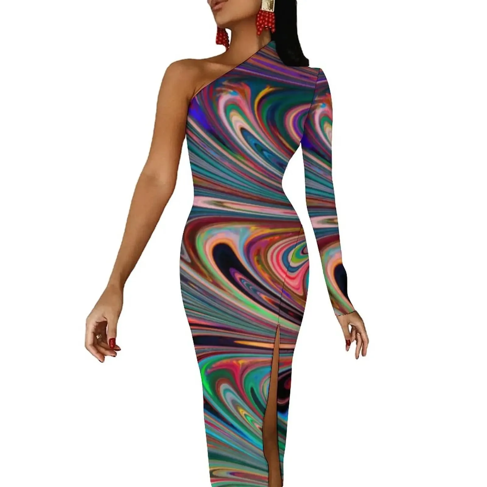 Women Graffiti Splatter Print Party Summer Long Sleeve Sexy Bodycon Dresses