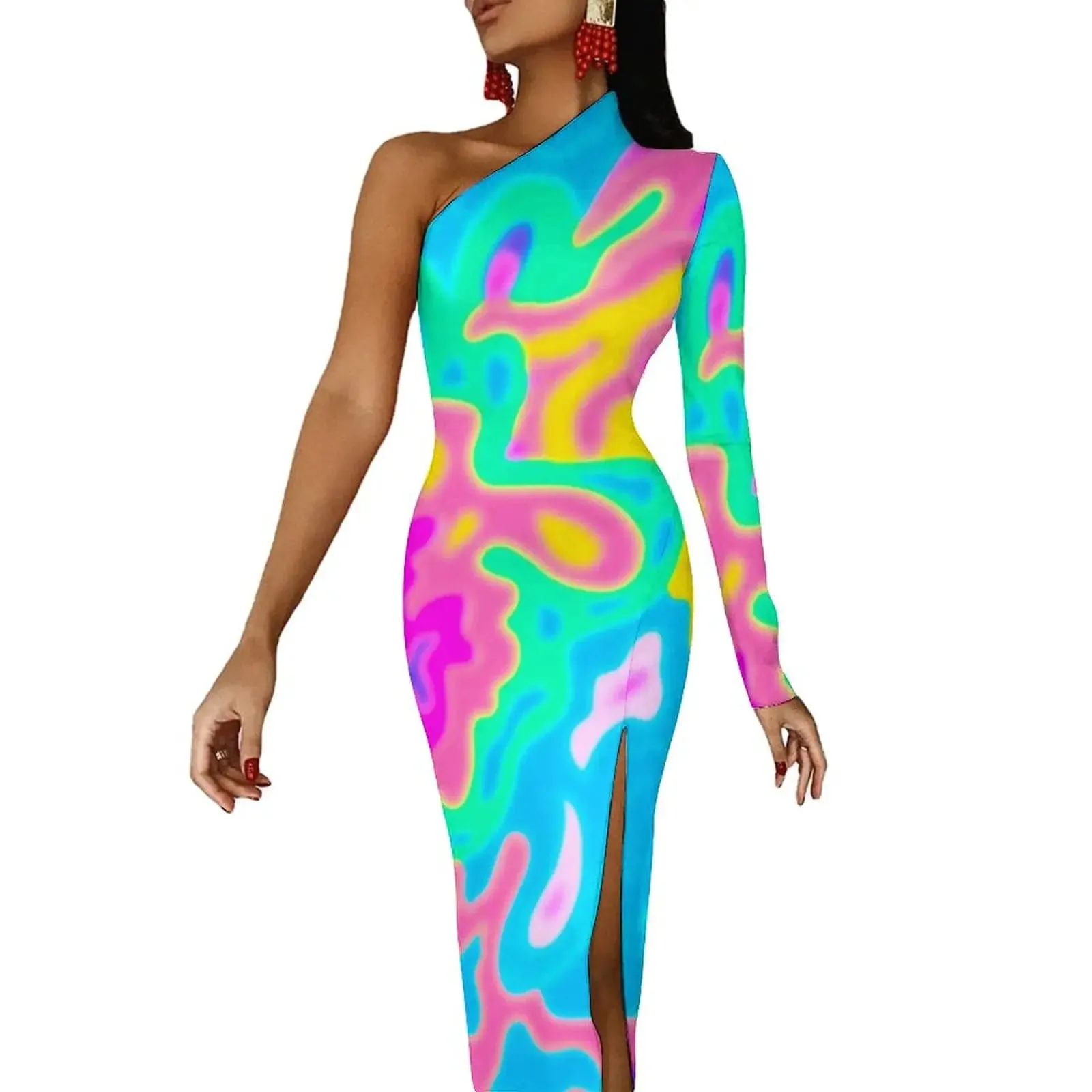 Women Graffiti Splatter Print Party Summer Long Sleeve Sexy Bodycon Dresses