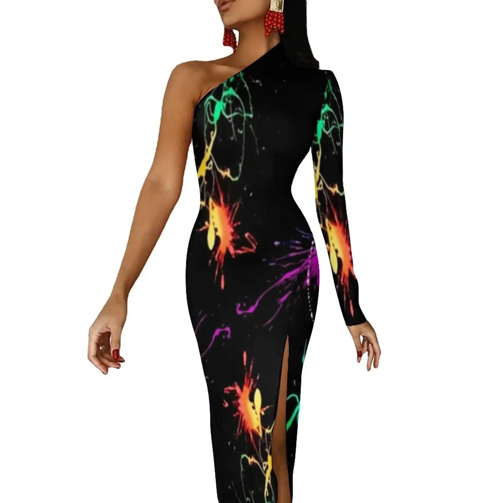 Women Graffiti Splatter Print Party Summer Long Sleeve Sexy Bodycon Dresses