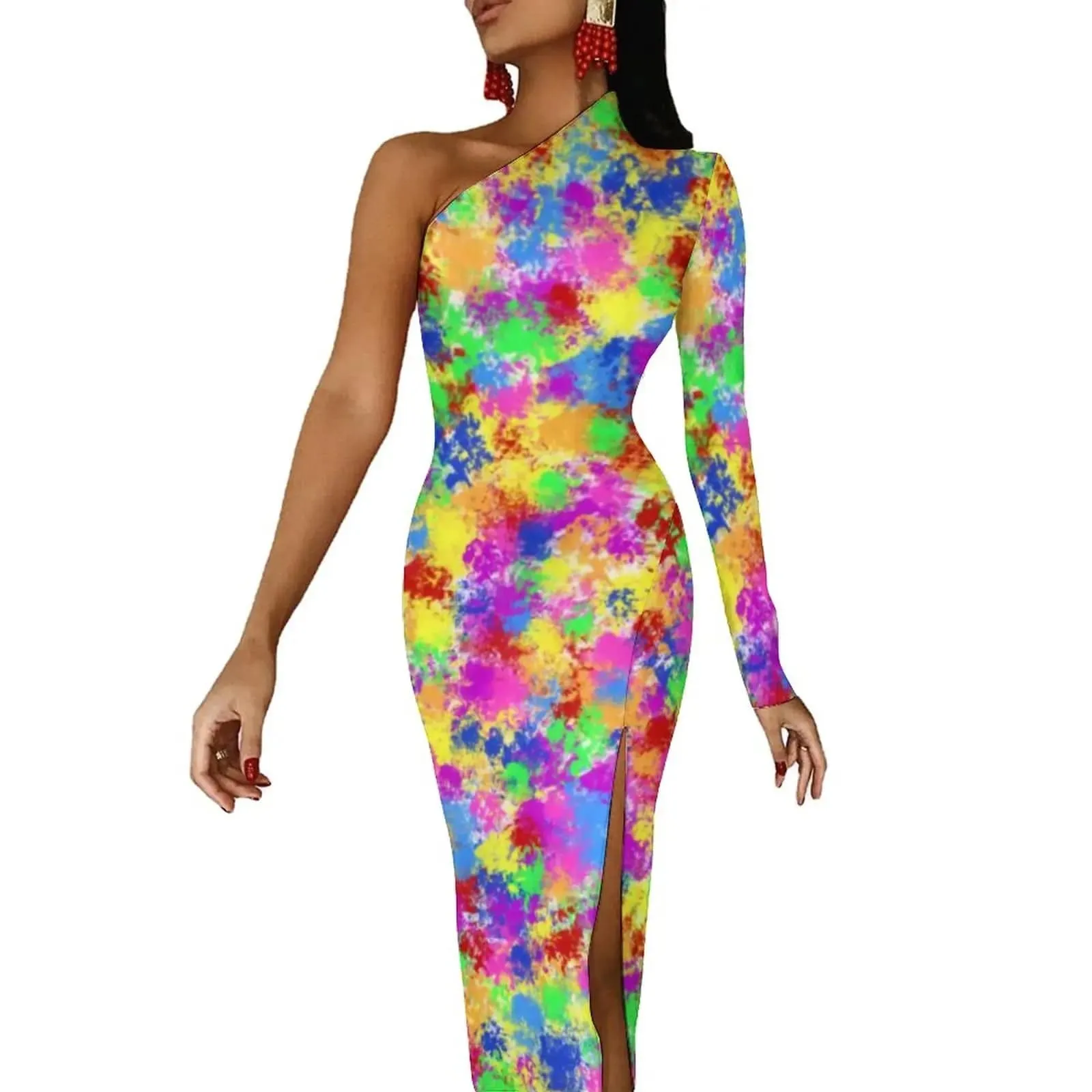 Women Graffiti Splatter Print Party Summer Long Sleeve Sexy Bodycon Dresses