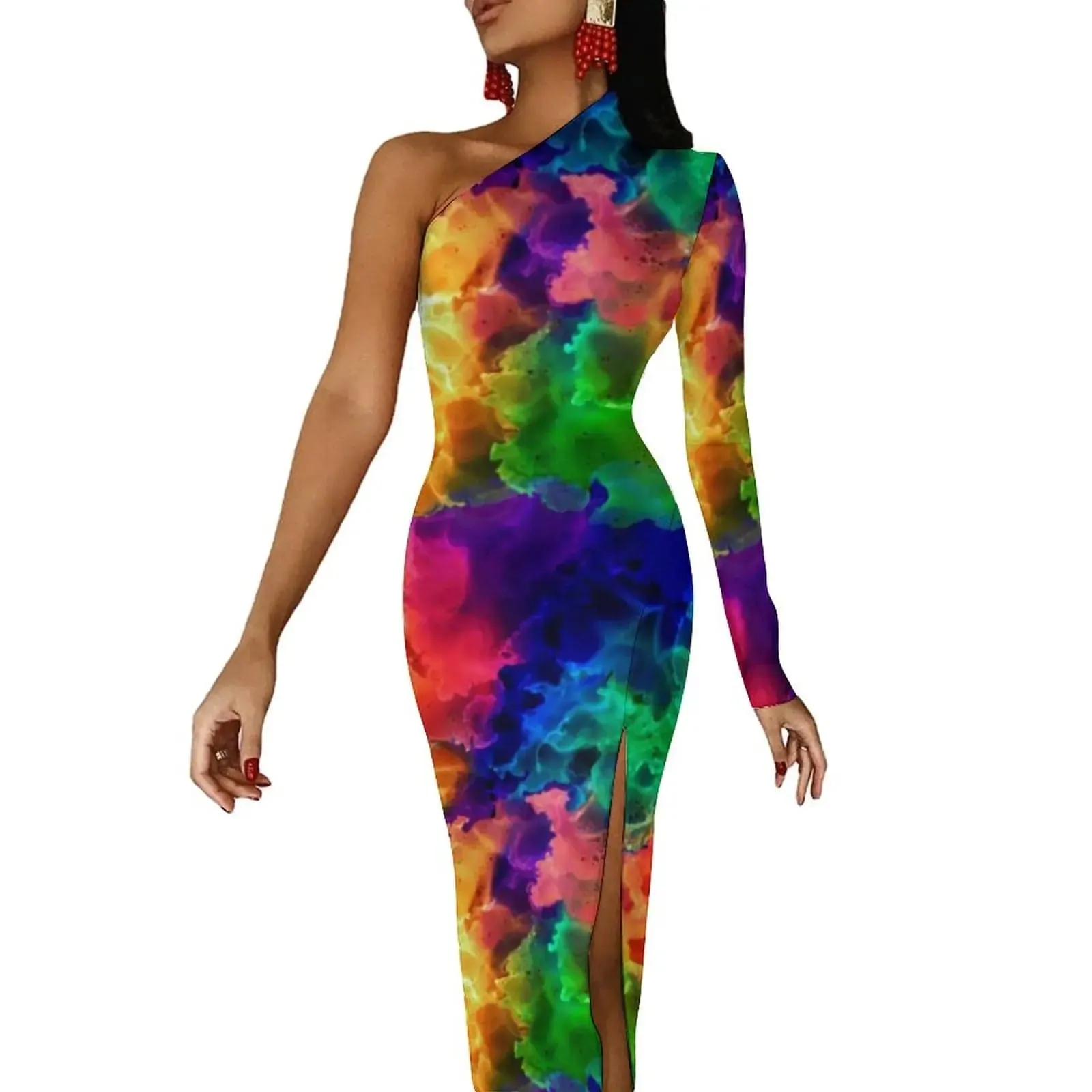 Women Graffiti Splatter Print Party Summer Long Sleeve Sexy Bodycon Dresses