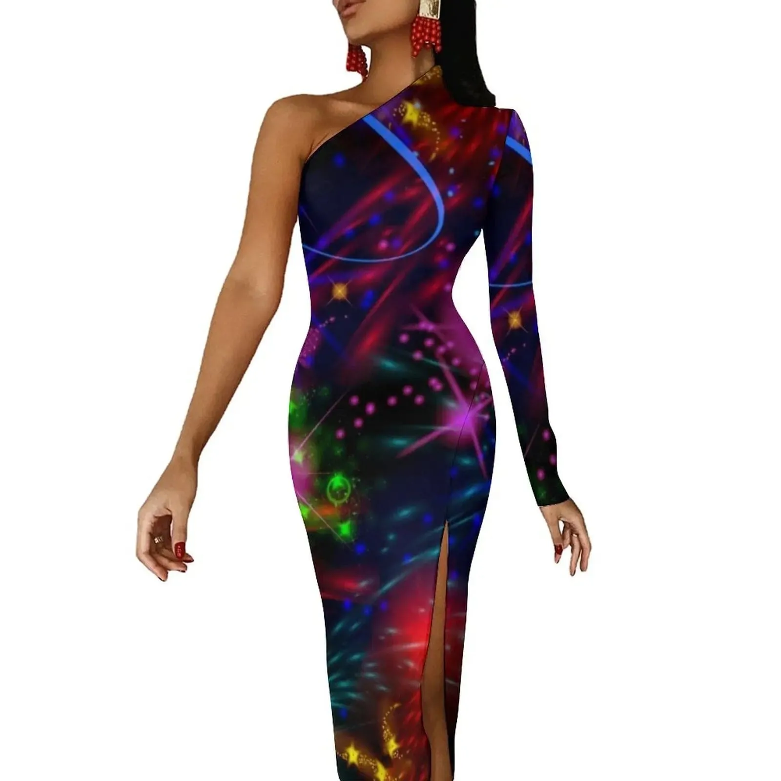 Women Graffiti Splatter Print Party Summer Long Sleeve Sexy Bodycon Dresses