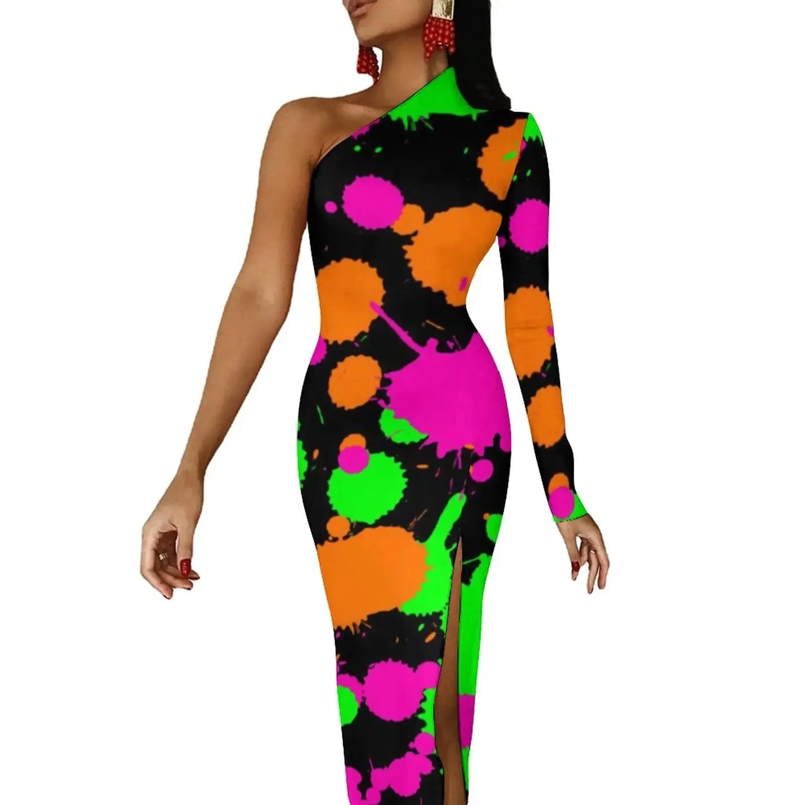 Women Graffiti Splatter Print Party Summer Long Sleeve Sexy Bodycon Dresses