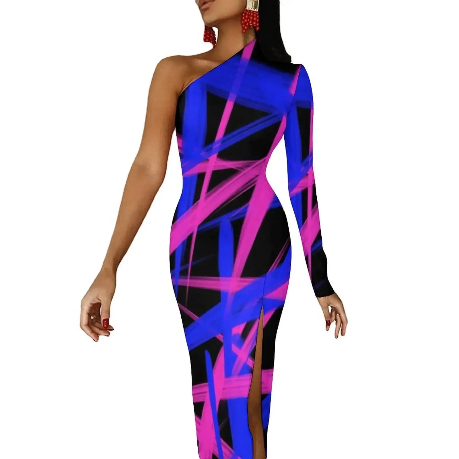 Women Graffiti Splatter Print Party Summer Long Sleeve Sexy Bodycon Dresses