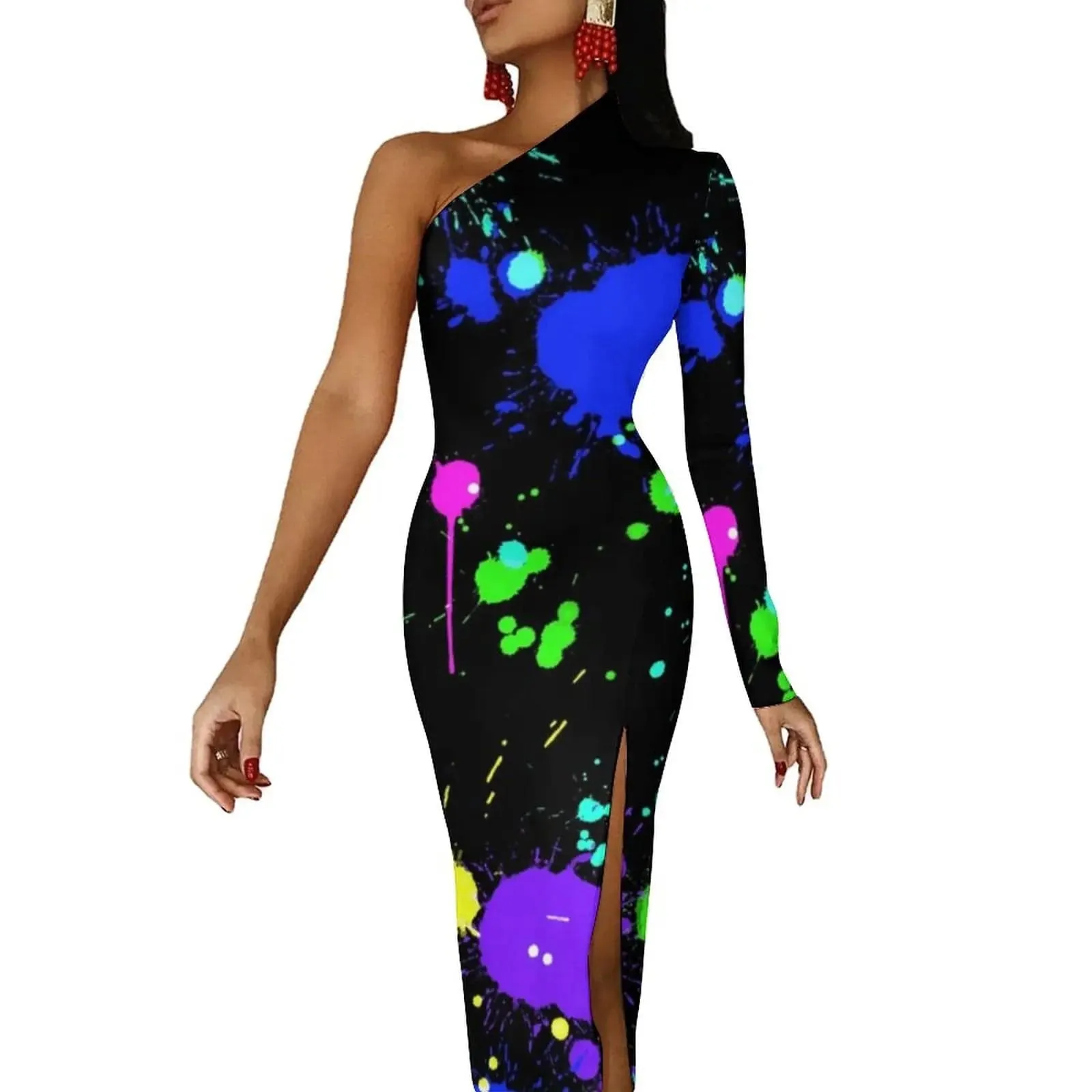 Women Graffiti Splatter Print Party Summer Long Sleeve Sexy Bodycon Dresses