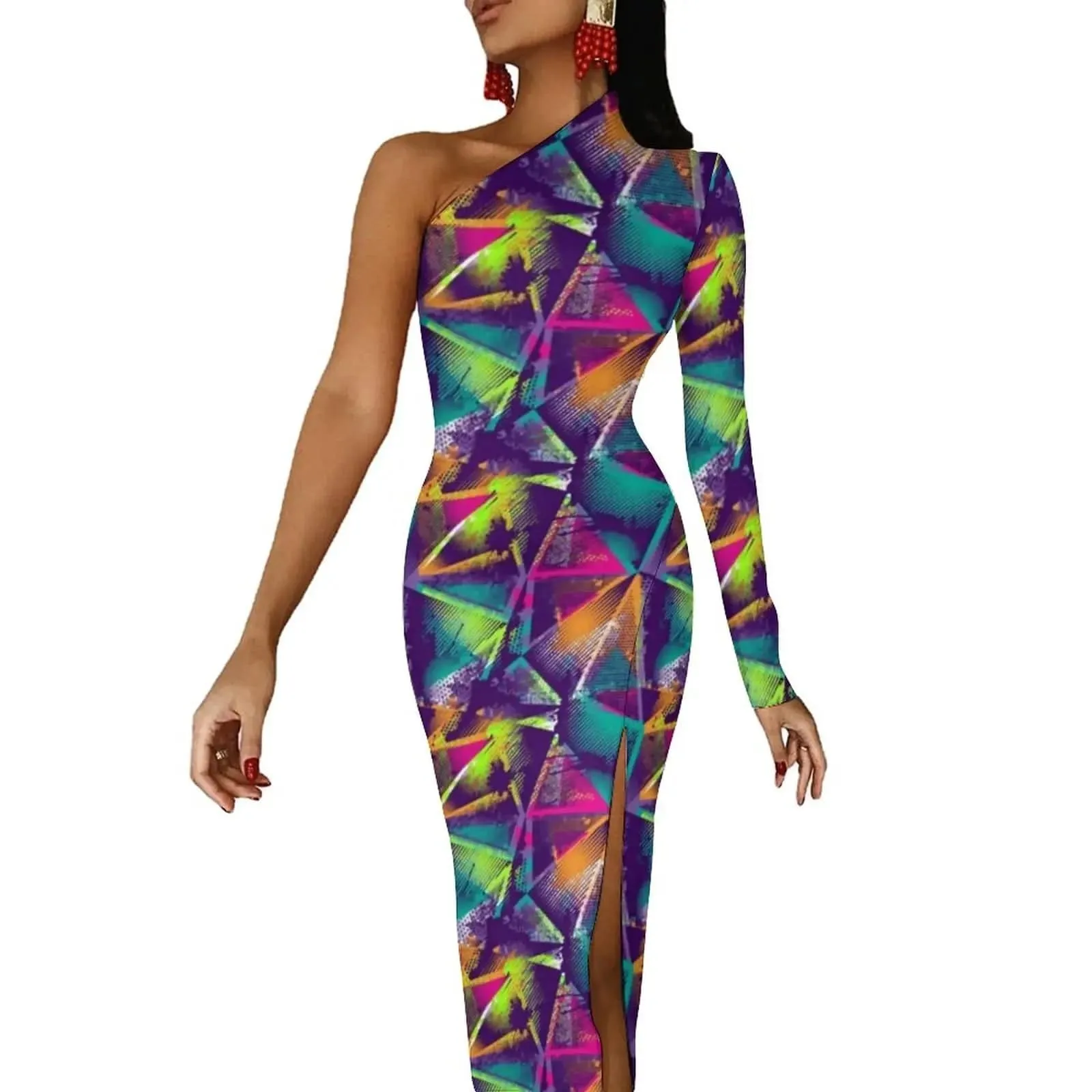 Women Graffiti Splatter Print Party Summer Long Sleeve Sexy Bodycon Dresses