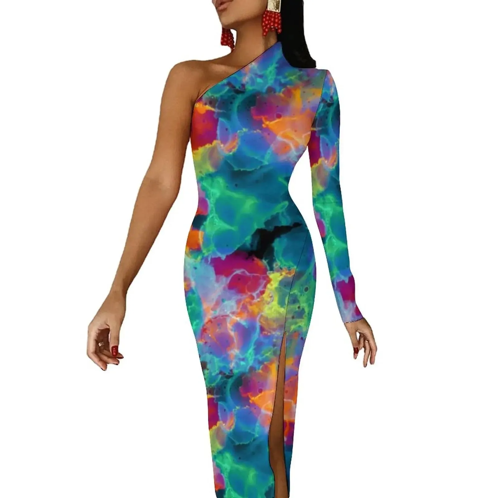 Women Graffiti Splatter Print Party Summer Long Sleeve Sexy Bodycon Dresses