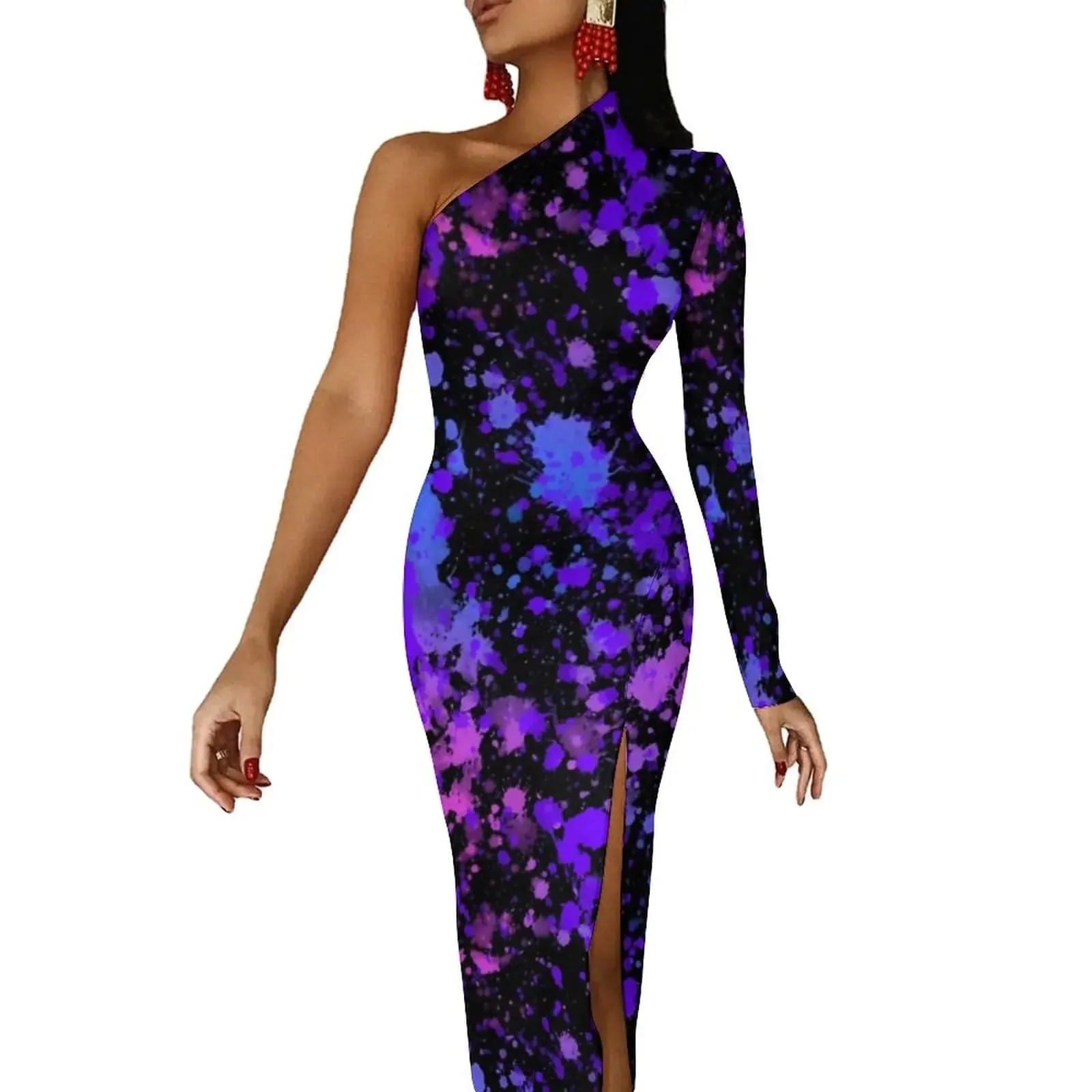 Women Graffiti Splatter Print Party Summer Long Sleeve Sexy Bodycon Dresses