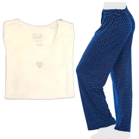 Women's Cozy Pajama Set Blue Polka Dot Pants and Cotton Soft Heart T shirt by Just Love