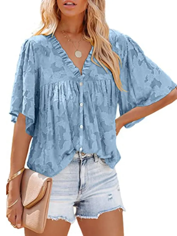 Women's Flared Sleeve Ruffle Chiffon Tops for Summer