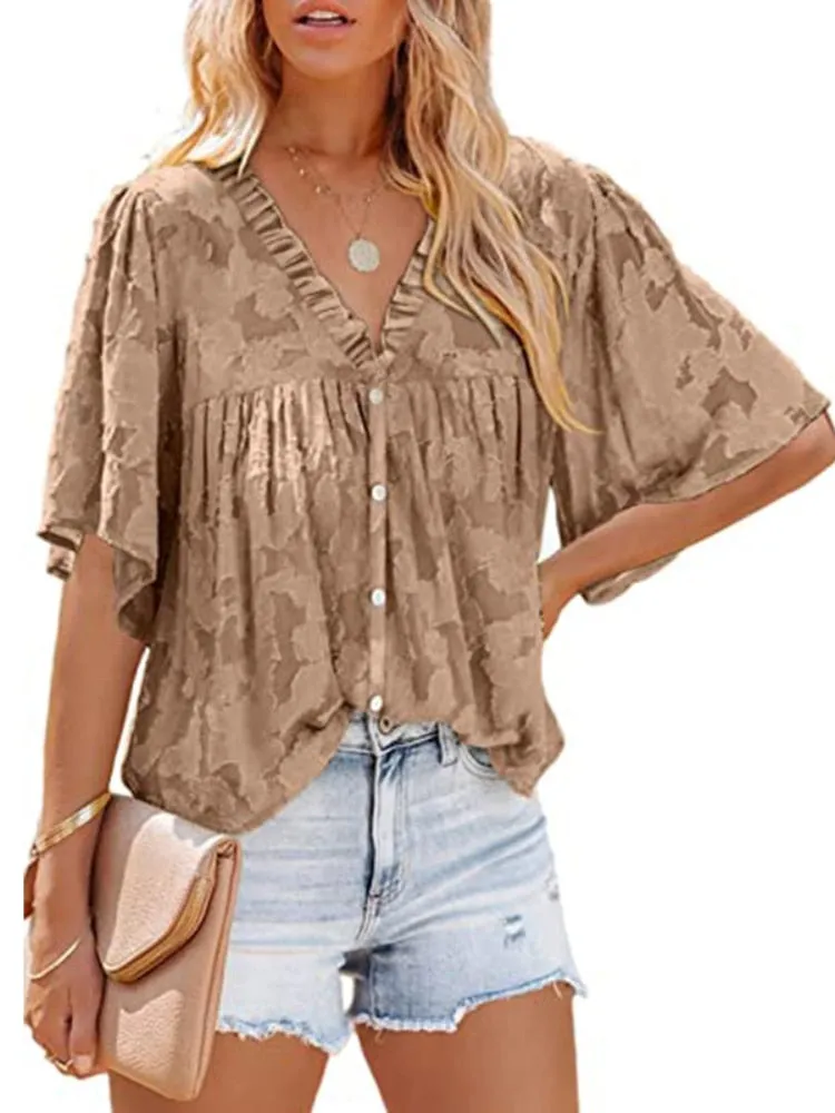 Women's Flared Sleeve Ruffle Chiffon Tops for Summer